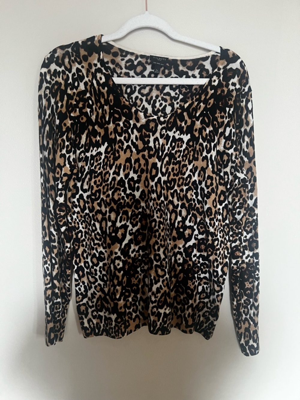 Talbots Animal Print Merino Wool pullover Top in Black, Brown, Cream